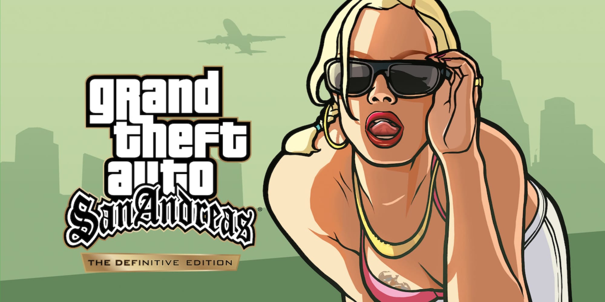animated blonde woman leaning over and holding her sunglasses next to the gta san andreas logo