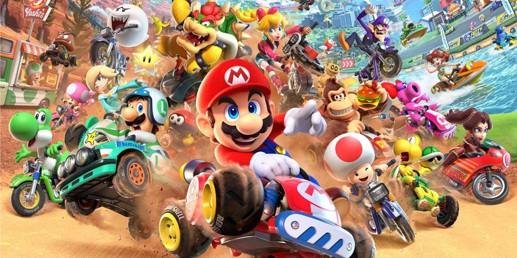 mario kart world characters racing each other
