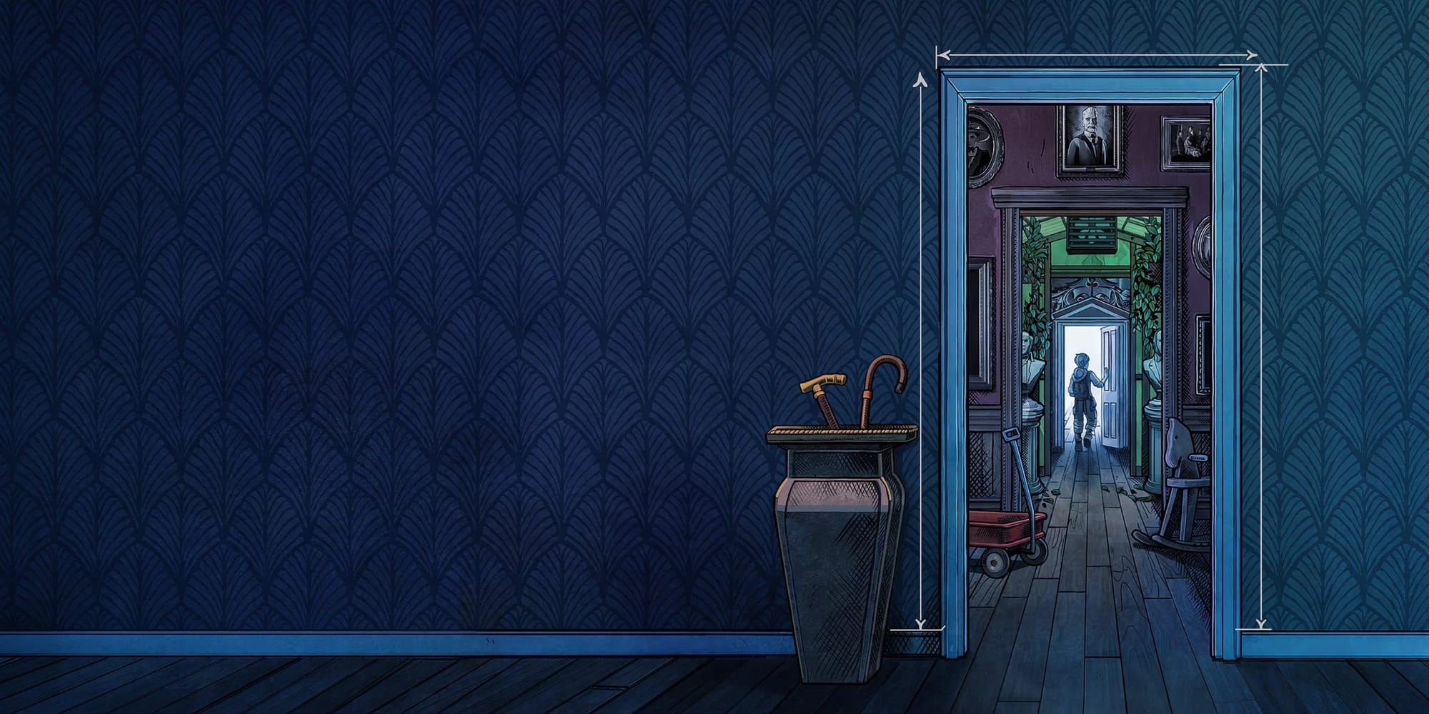 someone walking through a doorway in blue prince.