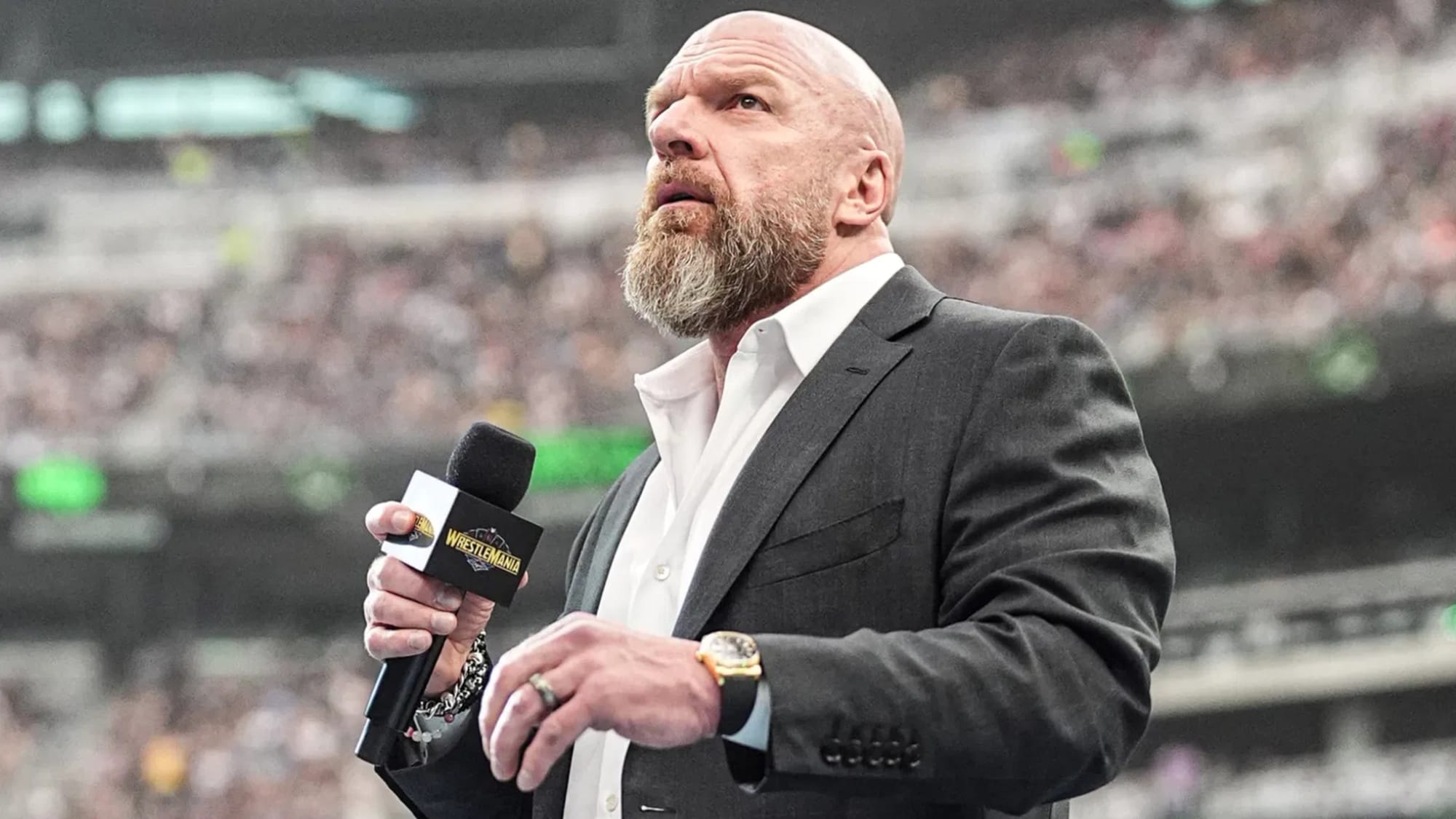 triple h holding a microphone.
