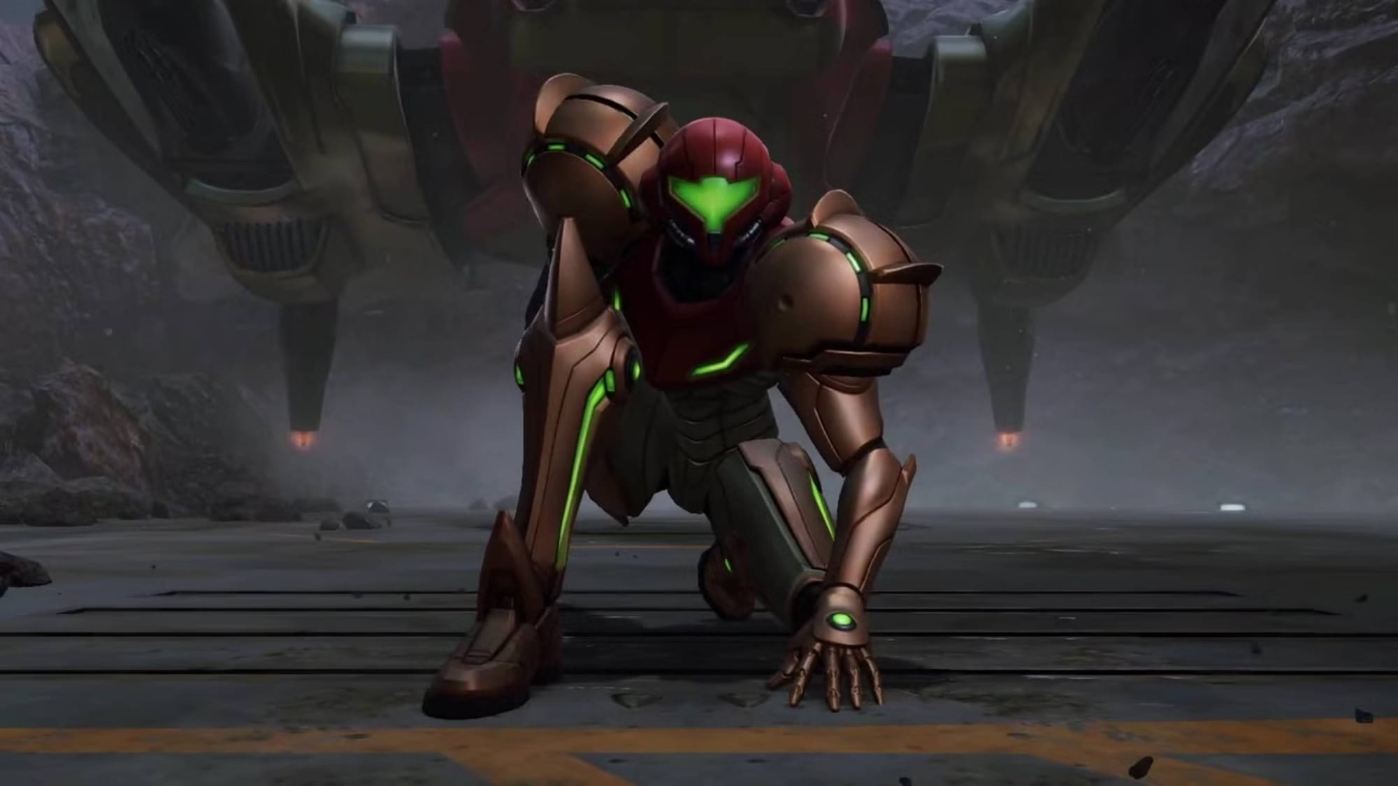 samus performing a super hero landing.