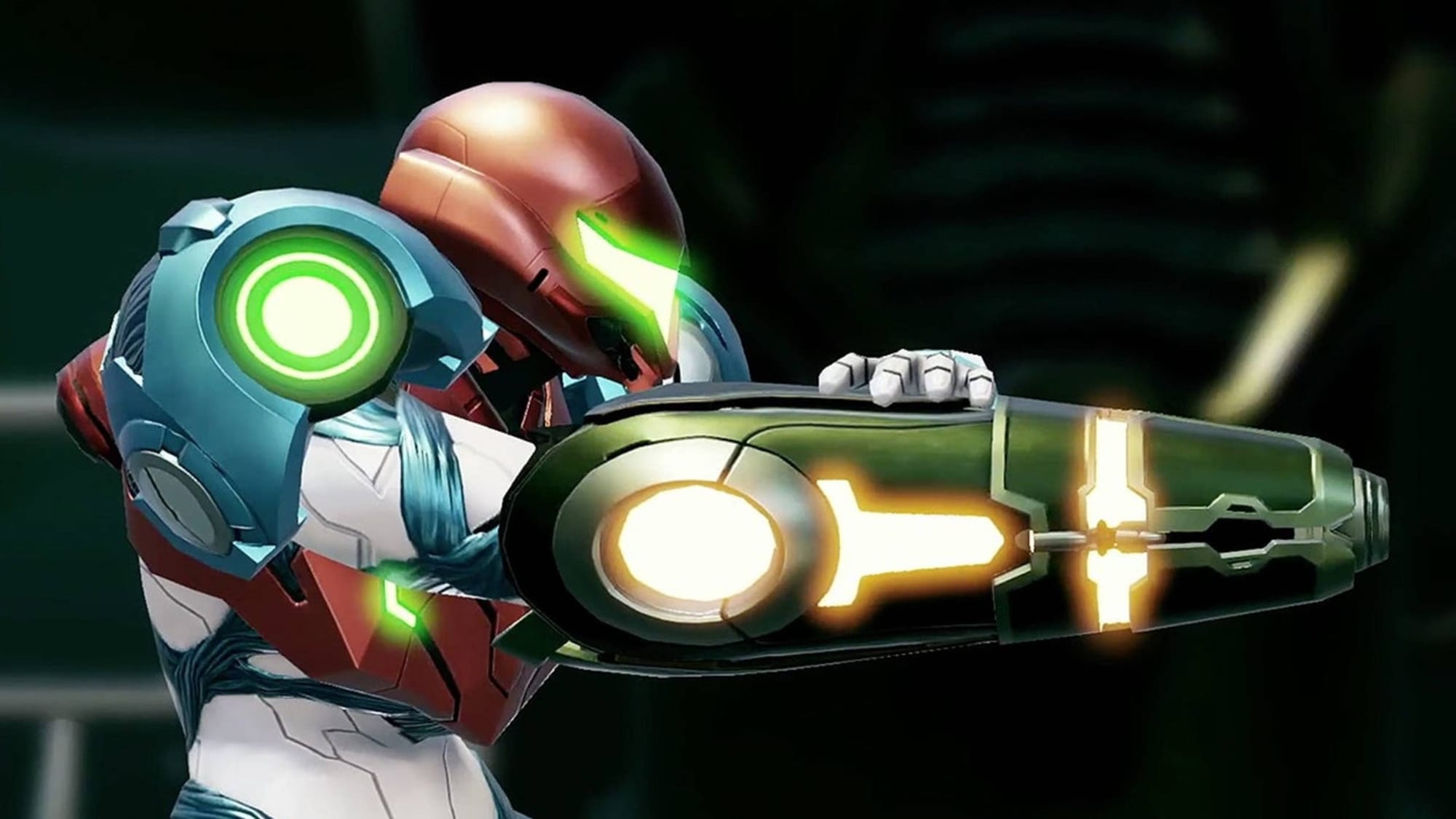 samus looking down her cannon in metroid dread.