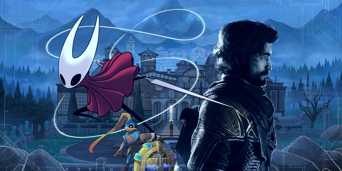 hornet from silksong the knightling and gustave from clair obscur in front of the blue prince mansion.