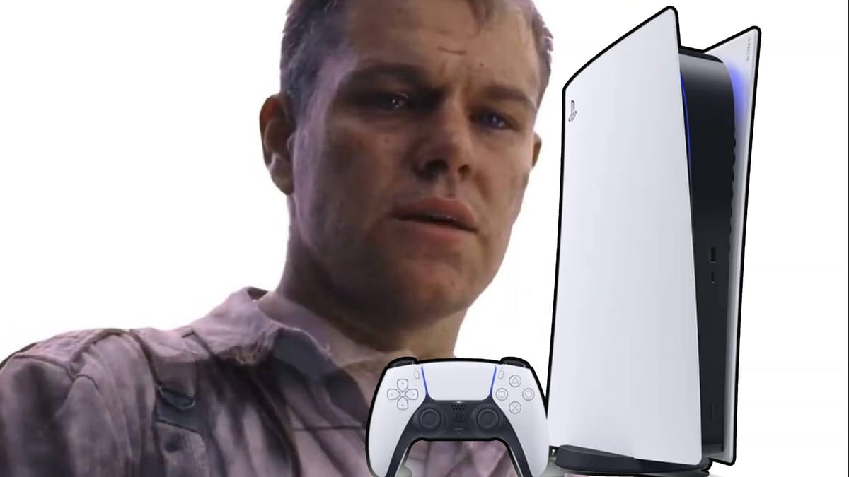 matt damon looking at a ps5 and dualsense.