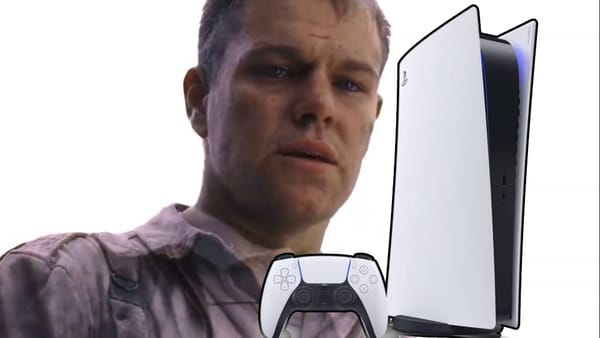 matt damon looking at a ps5 and dualsense.