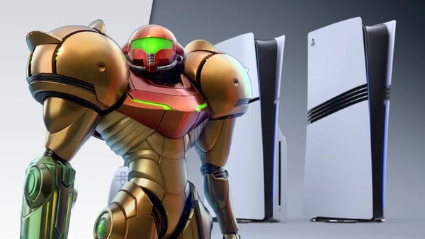 samus standing next to a ps5 and ps5 pro.